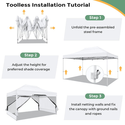 COBIZI 10x15 Heavy Duty Pop Up Canopy with 4 Sidewalls, Commercial Gazebo Party Tent with Mosquito Netting Wall Easy Set Up Outdoor Instant Screen Tent for Backyard, Patio, Garden, White