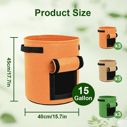 kuchisity 9 Pack 15 Gallon Potato Growing Bags, Colorful Garden Planting Bag with Handle and Harvest Window, Nonwoven Aeration Fabric Growing Bags with Flap for Tomatoes, Vegetables, and Fruits