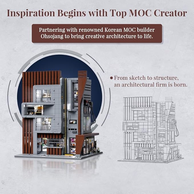PANTASY Architecture Studio Building Set Korean MOC Artist Ohsojang Collaboration Modular 3-Story Modern Office with LED Lighting Urban Street Scene Brick Model with 5 Minifigures