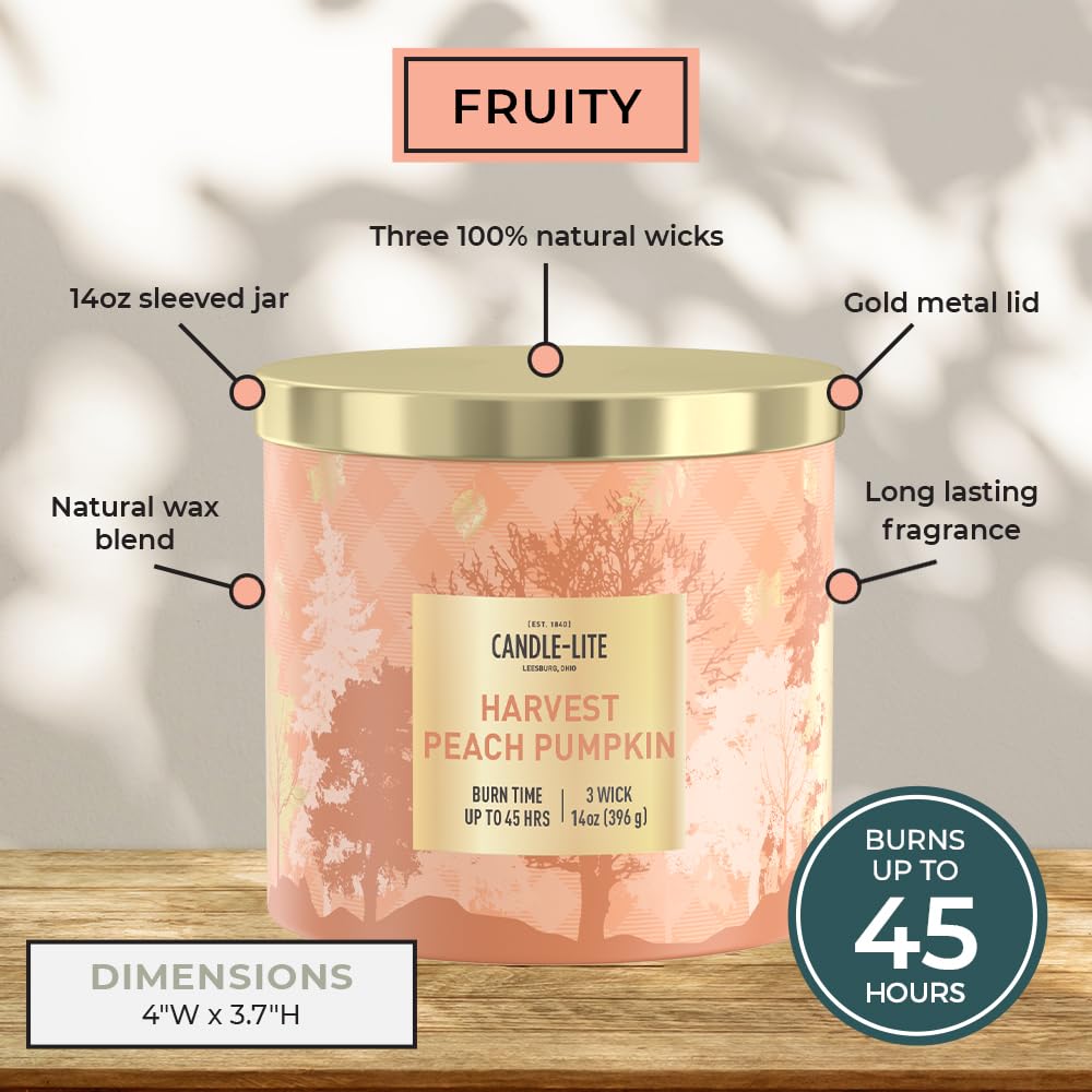 Candle-lite Halloween Scented Candles, Juicy Peaches with BlackBerry & Pumpkin, 14 oz Jar, 45 Hour Burn, Fall Scented Candle for Home Decor, 3-Wick, Proudly Poured in USA, Halloween Candle Decoration