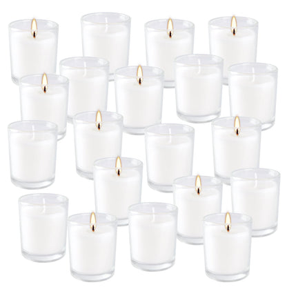 Wfmolcand 20 Pack Unscented White Clear Glass Filled Votive Candles | Soy Wax, Smokeless, Hand Poured Wax Candles Ideal for Aromatherapy, Spa, Weddings, Birthdays, Holidays & Party Decor