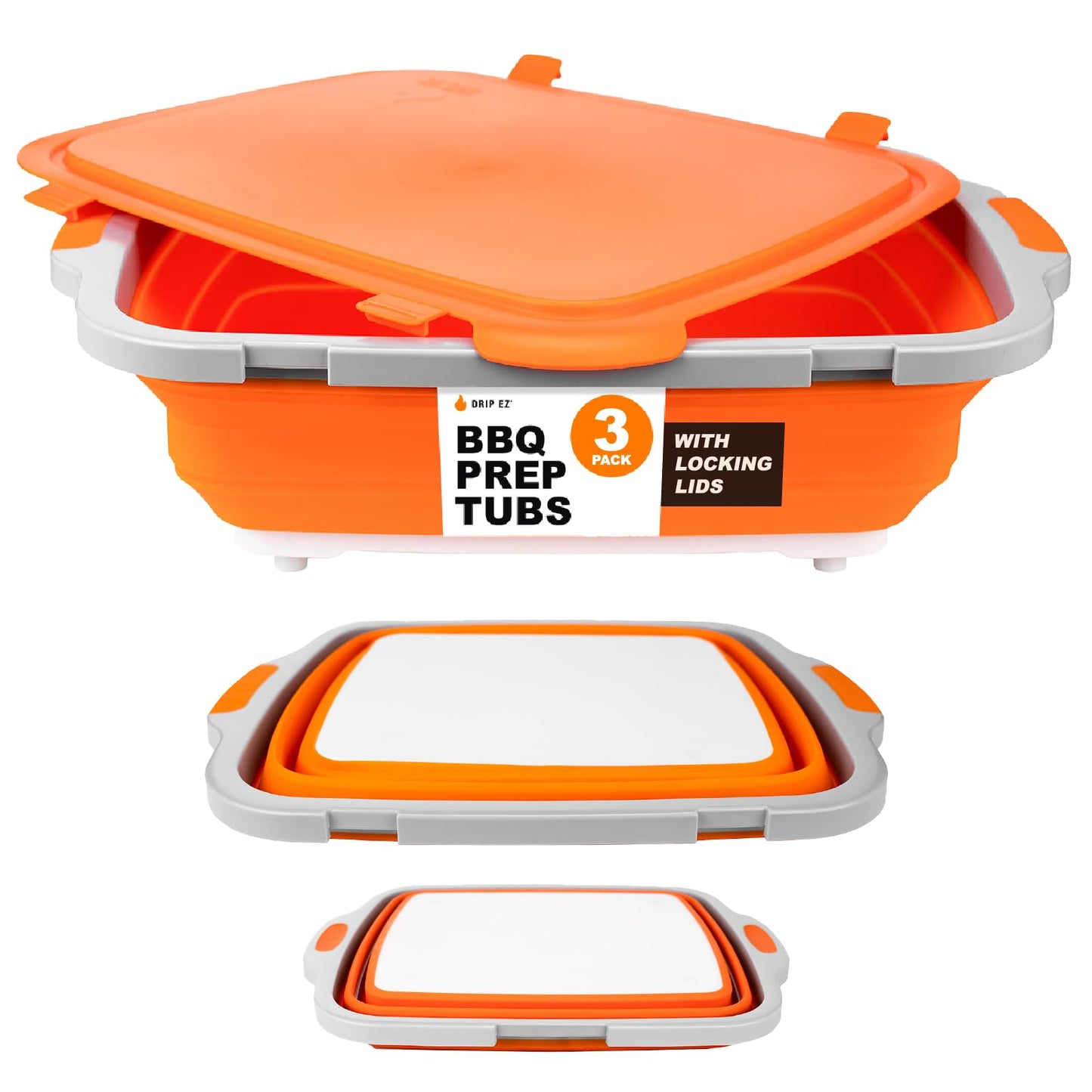 Drip EZ Collapsible BBQ Prep Tubs 3-Piece Set- For Meal Prep Marinating Food Storage - Includes Cutting Board & Lid - (1) JR + (1) OG + (1) XL - Orange