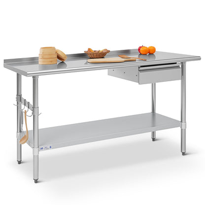 Hally Stainless Steel Prep Table 24 x 60 Inch with Backsplash, NSF Certified Commercial Work Table with Drawer, Removable Stainless Steel Pan, Undershelf and Side Hook for Restaurant, Home, Garage