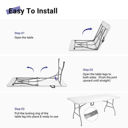 Byliable Folding Table 6ft, Heavy Duty Portable Plastic Fold-in-Half Utility Table with Carrying Handle for Indoor Outdoor, Camping Picnic Party, White