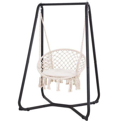 SUNCREAT Patio Swing Chair with Stand and Cushion, Heavy Duty Hanging Chair with Stand for Bedroom, 330 lbs Capacity, Patent Pending, Beige