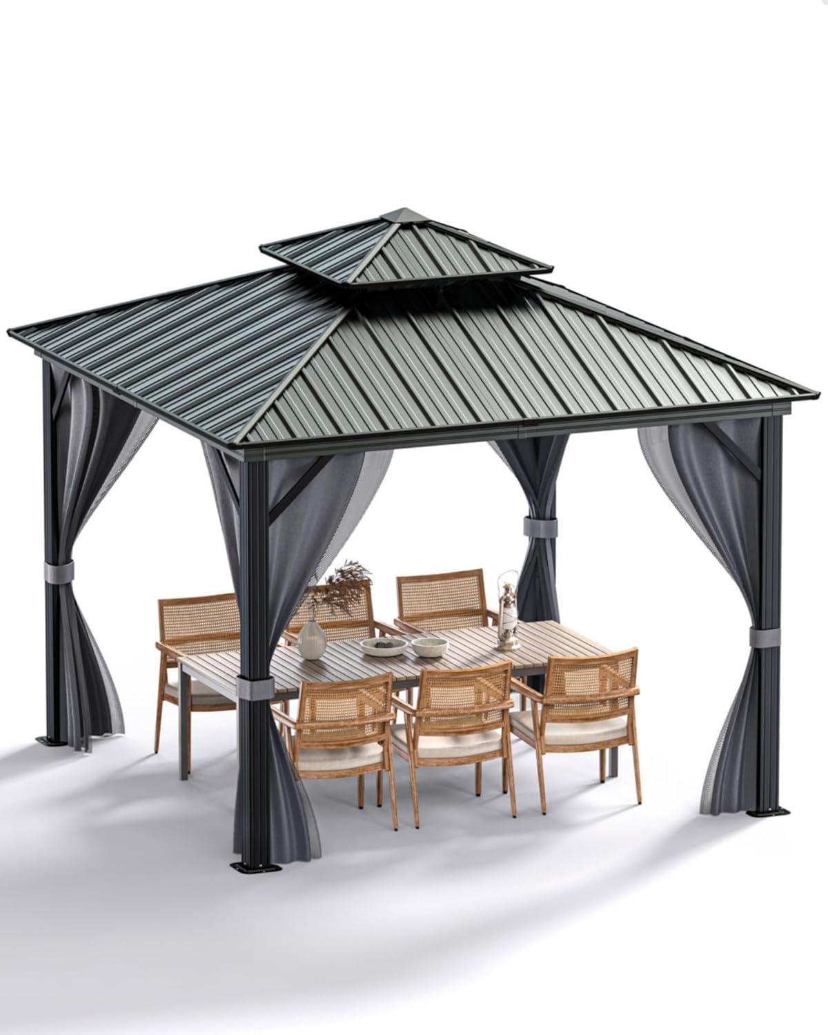 12'X12' Hardtop Gazebo, Outdoor Double Roof Galvanized Steel Gazebo, Aluminum Heavy-Duty Steel Top Canopy with Mosquito Net & Privacy Curtain for Patio, Porch, Garden, Lawn, Deck, Backyard,Gray
