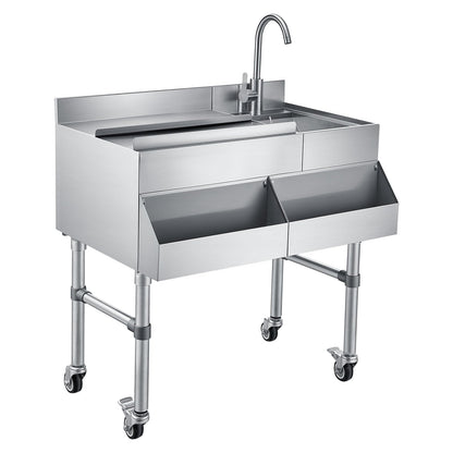 VEVOR Commercial Ice Bin with Sink & Faucet, 60 Qt Max Capacity, 24 x 19 x 35 Inch Stainless Steel Ice Chest with Sliding Lid and Bottle Holders, Cooler Cart Cocktail Unit for Bar Restaurant Pub