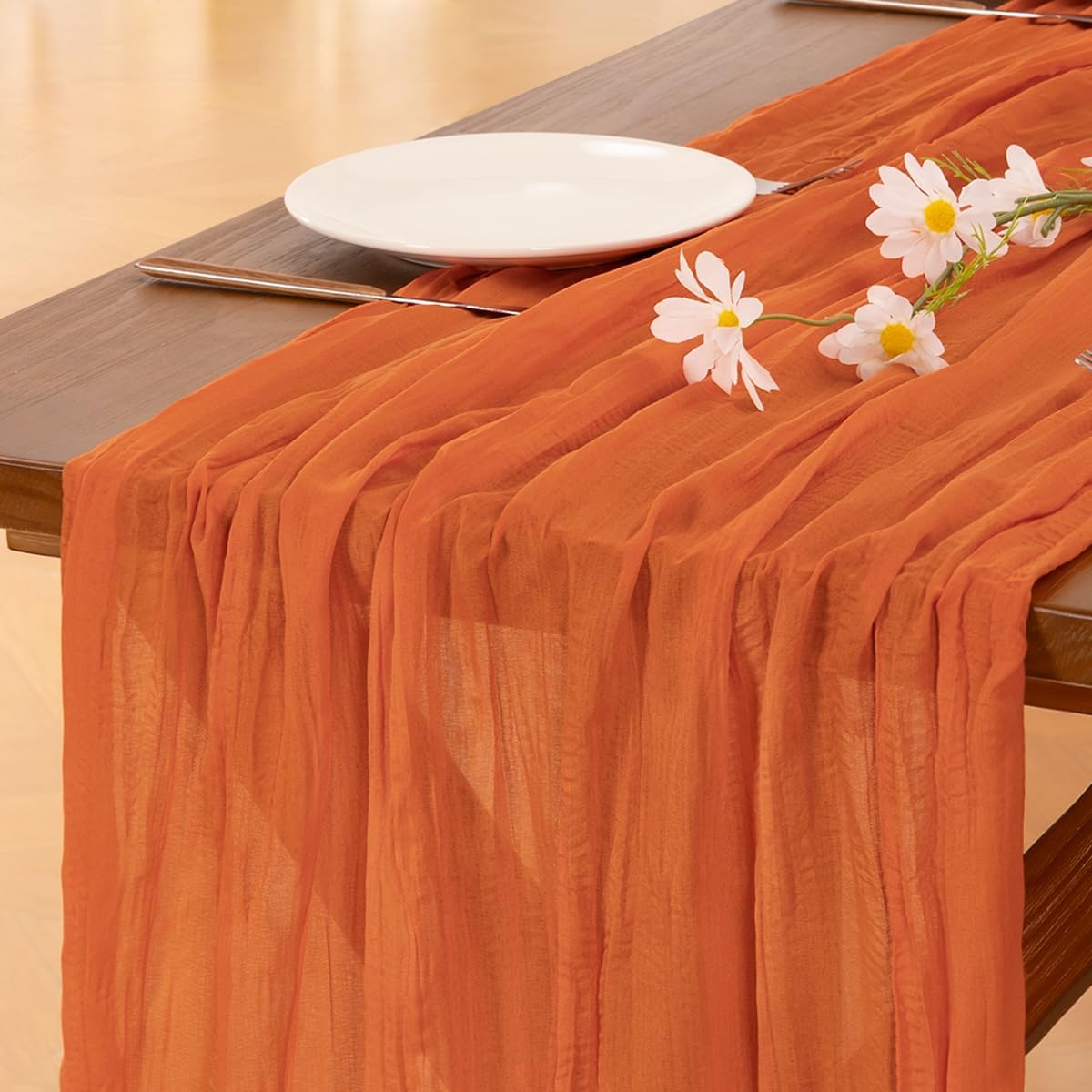 Socomi Cheesecloth Table Runner - 3pcs Orange Boho Rustic 120 Inch Sheer Decor for Weddings & Parties