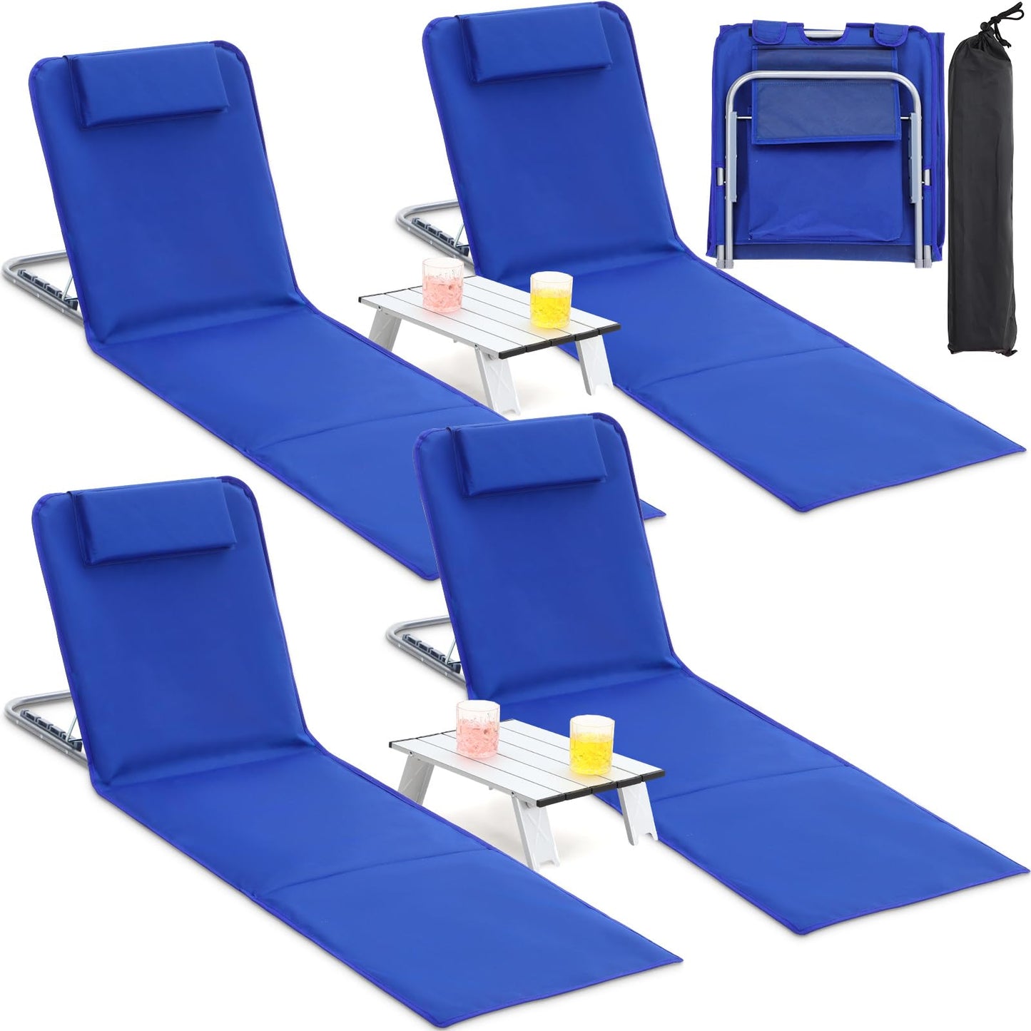 Beeveer 4 Pack Beach Lounge Chaise Chairs with 2 Folding Side Tables Portable Tanning Chair 5 Position Adjustable Lightweight for Sunbathing, Outdoor Yard, Lawn,Camping(Deep Blue)