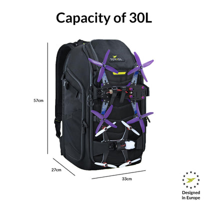 Torvol Quad PITSTOP Backpack Pro Stealth Edition – FPV Drone Backpack for 4 Quads + Gear, Compatible with DJI Mini 3, DJI Mini 4 Pro, Avata, Mavic, Goggles, Laptop, Black, With Rain Cover, 30L