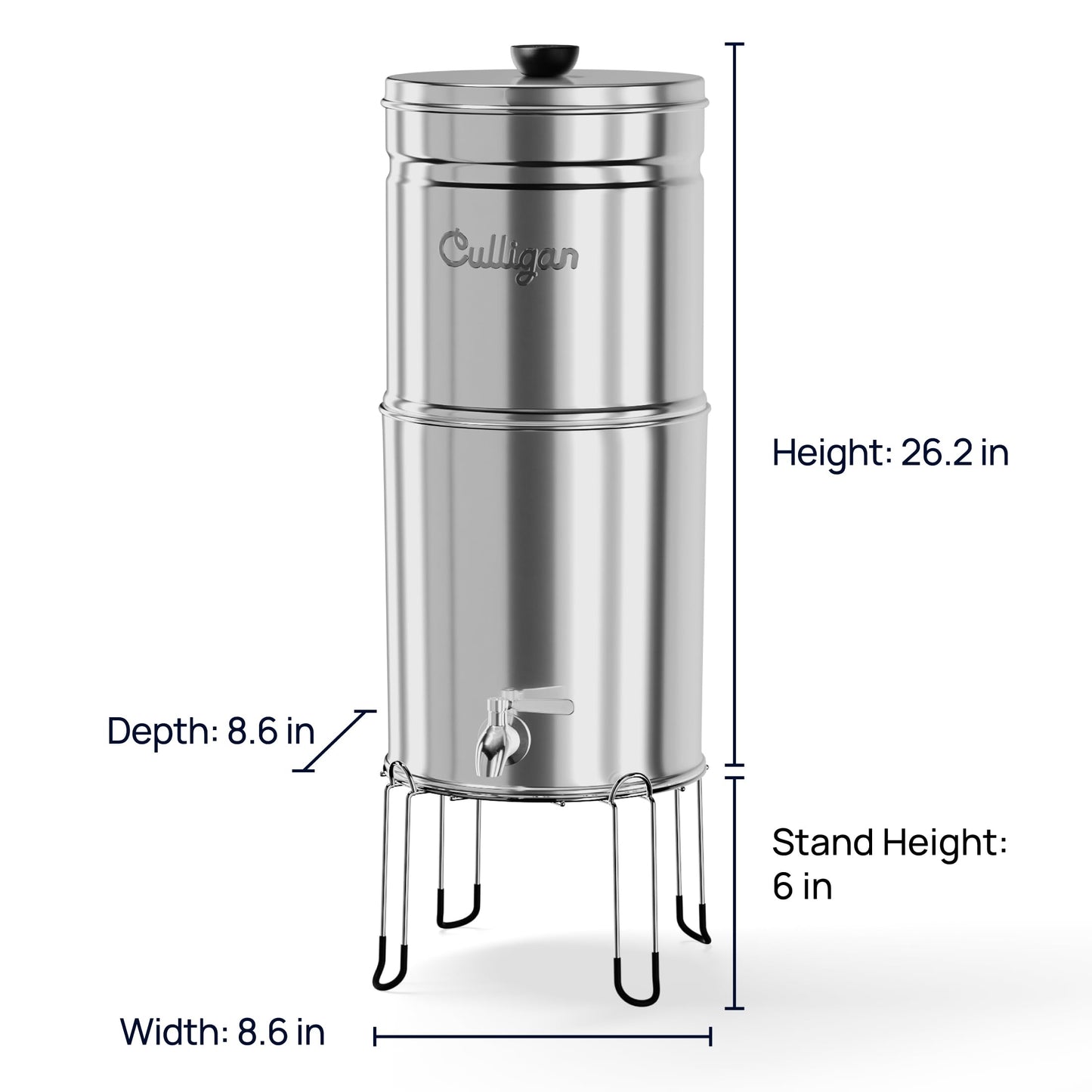 Culligan MaxClear 2.25 Gallon Gravity Water Filter System Removes Microplastics, PFAS & Lead, NSF/ANSI Certified, Polished Stainless-Steel Countertop Filter with 4 Ceramic Filters