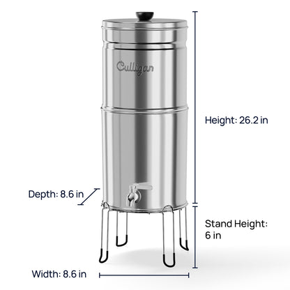 Culligan MaxClear 2.25 Gallon Gravity Water Filter System Removes Microplastics, PFAS & Lead, NSF/ANSI Certified, Polished Stainless-Steel Countertop Filter with 4 Ceramic Filters