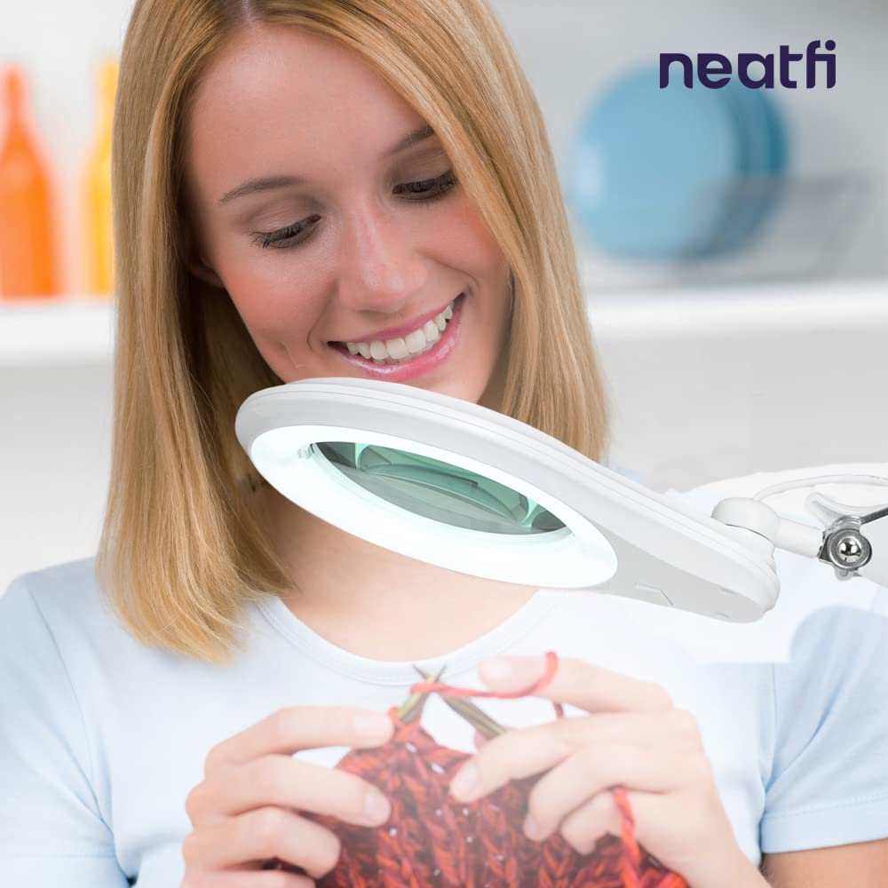Neatfi LED Bifocal Magnifying Lamp 1,200 Lumens – 5” Glass Lens, Dual Magnification 2.25X/6X, Dimmable | Adjustable Arm with Clamp | Crafting, Jewelry & Reading (5 Diopter + 20 Diopter, White)
