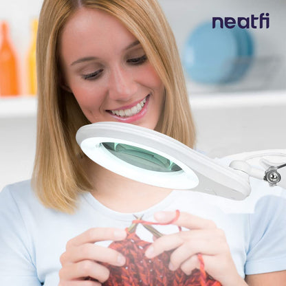 Neatfi LED Bifocal Magnifying Lamp 1,200 Lumens – 5” Glass Lens, Dual Magnification 3X/6X, Dimmable Task Light | Adjustable Arm with Clamp | Crafting, Jewelry & Reading (8 Diopter + 20 Diopter, White)