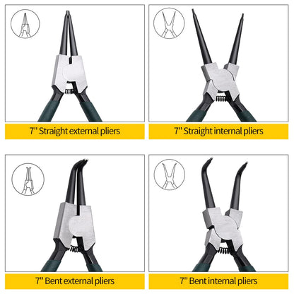 LFSEMINI Snap Ring Pliers Set, 4pcs 7" Internal/External Circlip Pliers Kit with Straight/Bent Jaw, Heavy Duty Precision Spring Loaded Pliers for Ring Remover Retaining and Remove Hoses, Gaskets
