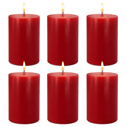 2.75“ x 4” Hand Poured Unscented Candles, Red Dripless Pillar Candles Set of 6, Long Burning, Clean and Neat, Burn Time Approx. 90 Hours, Rustic, Weddings, Dinner Parties, Christmas, and Home Décor
