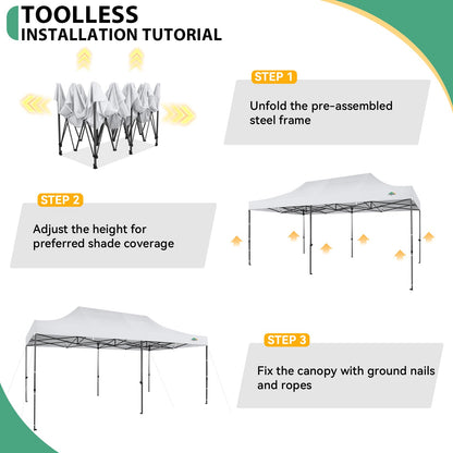 COBIZI 10x20 Heavy Duty Pop Up Canopy Tent with 6 Sidewalls Thicken Frame, Commercial Easy Up Outdoor Wedding Party Tents, All Season Waterproof Windproof with Stakes Sandbags Ropes Roller Bag, White