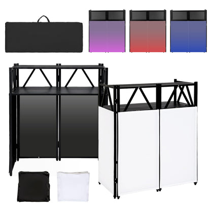 Portable DJ Booth Table,Foldable DJ Table Stand with White & Black Scrim,Adjustable DJ Facade Booth Station Metal Frame with Cable Hole for Private Events, Clubs, Bars (Double Deck)