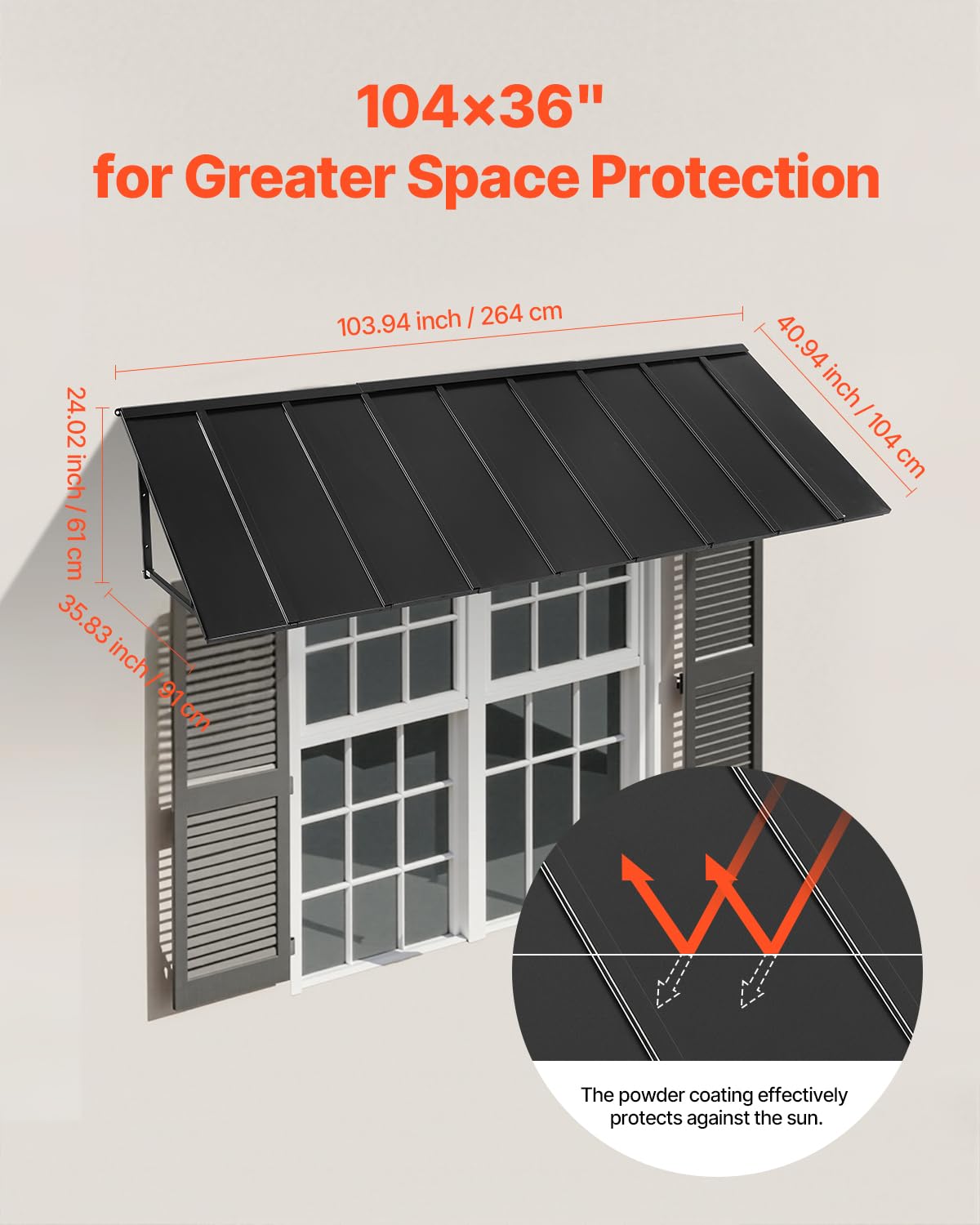 VEVOR Fixed Metal Awning 104 x 36 in, Window Awning Door Canopy, Stable Triangle Steel Frame Awnings for Doors Exterior Rain, Snow & Sunlight Protection for Door Entrance, Windows, Porches, Balconies