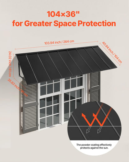 VEVOR Fixed Metal Awning 104 x 36 in, Window Awning Door Canopy, Stable Triangle Steel Frame Awnings for Doors Exterior Rain, Snow & Sunlight Protection for Door Entrance, Windows, Porches, Balconies