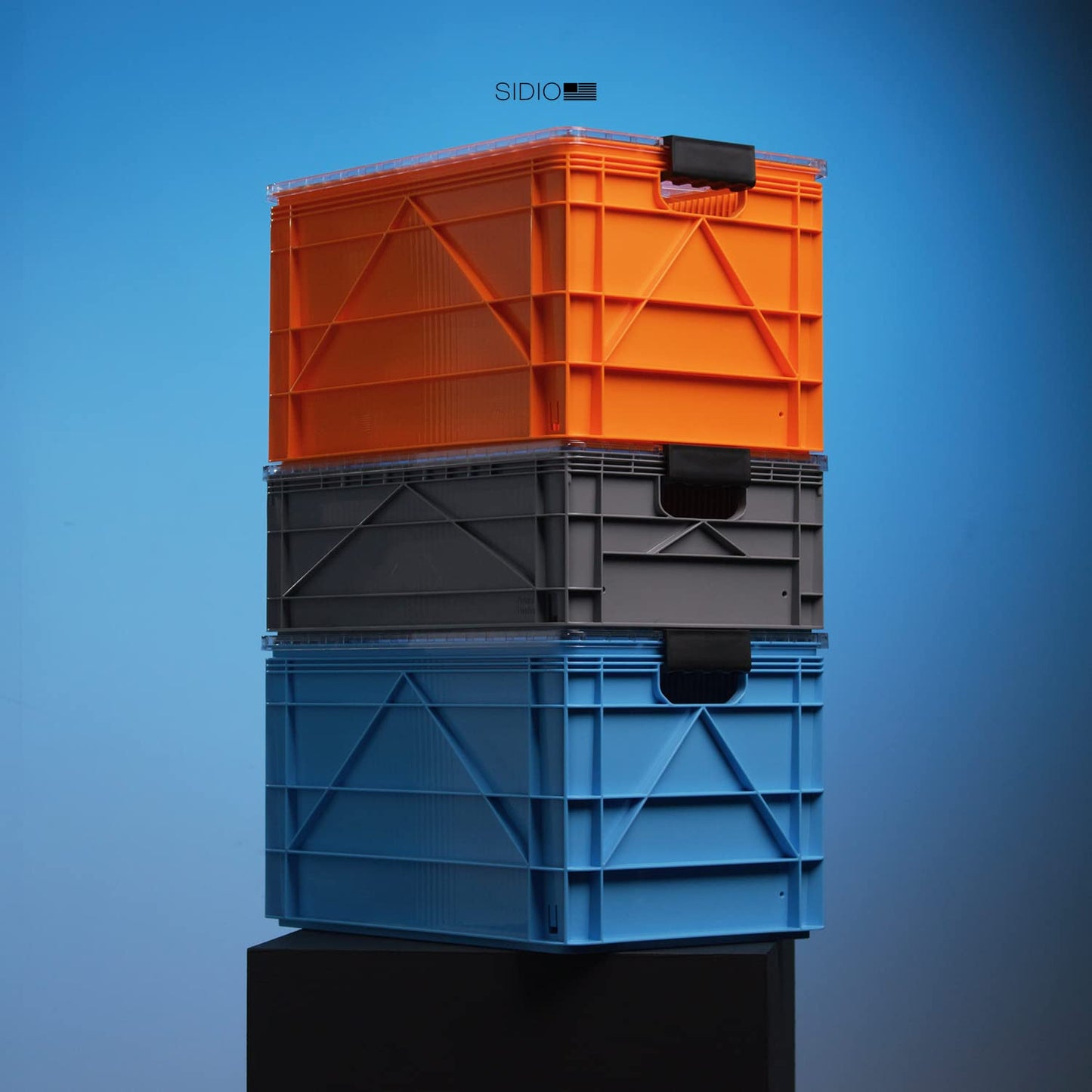SIDIO CRATE Starter Pack - Two Full Size and One Half Size SidioCrate, Stackable Outdoor Organizer Storage Bins with Clear Lid and Dividers - Orange