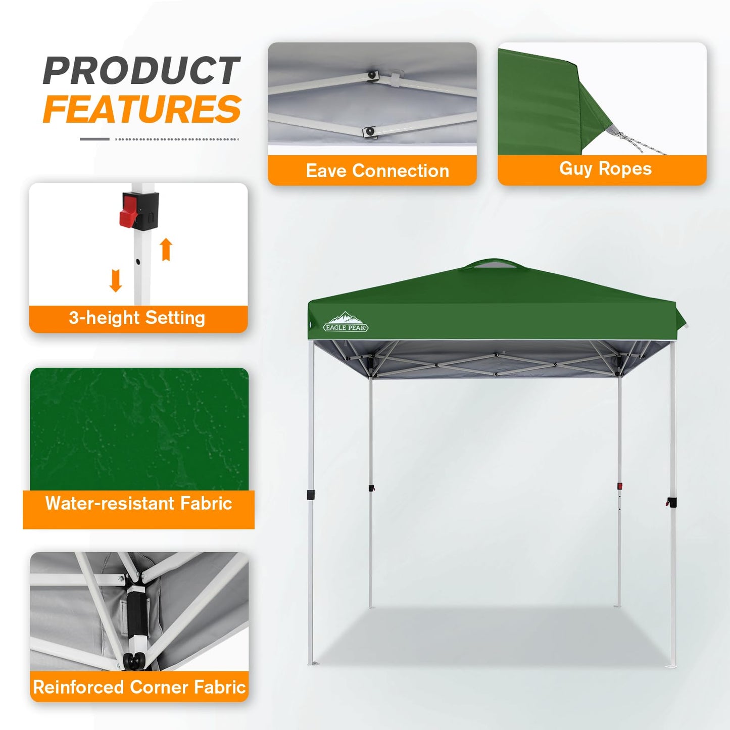 EAGLE PEAK Pop Up Canopy Tent with Wheeled Carry Bag, 8 Stakes, 4 Ropes, Easy Set Up Tent Canopy, 6.6x6.6 ft, Green
