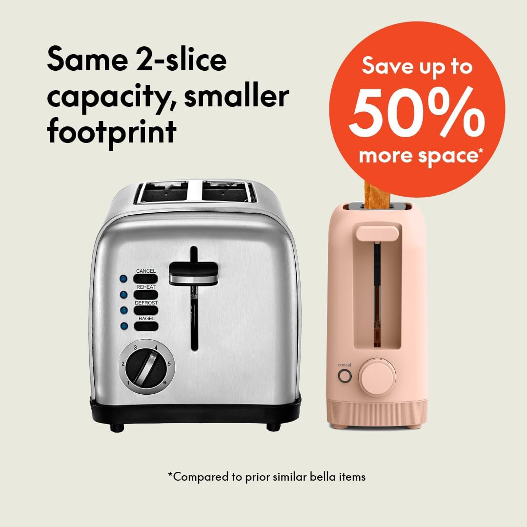 Bella 2 Slice Slim Toaster - 6 Setting Shade Control, Reheat & Cancel Buttons | Fits 10” Long Sourdough, Blossom Color