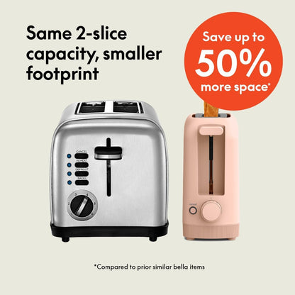 Bella 2 Slice Slim Toaster - 6 Setting Shade Control, Reheat & Cancel Buttons | Fits 10” Long Sourdough, Blossom Color