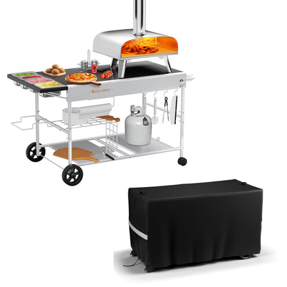 GRILL FORCE Pizza Oven Table with Cover, Outdoor Grill Table with Cover, Grill Cart, Movable Pizza Oven Cart, Portable Food Prep Table for BBQ Camping, Fits Pizza Oven, Ninja Woodfire, Blackstone