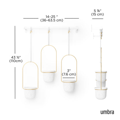 Umbra Triflora Hanging Planter for Window, Indoor Herb Garden, Set of 3, White/Brass