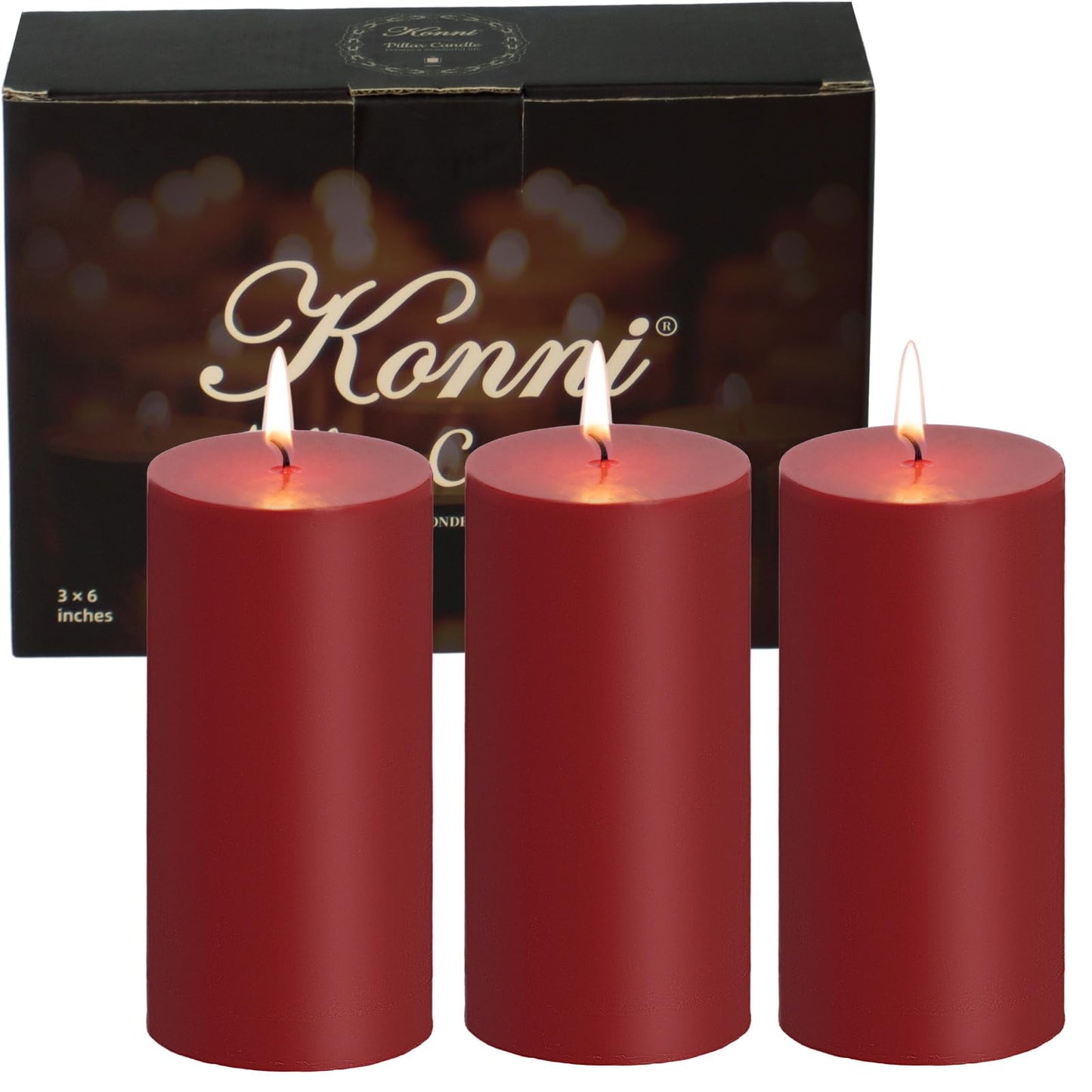KONNI Dark Red Pillar Candles Set of 3, 3"x 6" Unscented Pillar Candles Bulk, 56 Hours Long Burning Candles, Smokeless&Dripless Large Round Candle for Wedding, Home Decoration, Parties, Spas, Dinner