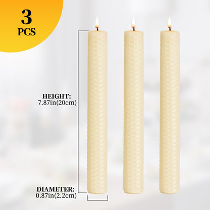 KONNI Natural Beeswax Taper Candles, 0.87 inch x 7.87 inch Hand-Rolled, Unscented, Smokeless Beeswax, Long Burning Time, Flat Top (Pack of 3), for Weddings, Dinner Parties, Spas, and Home Decor