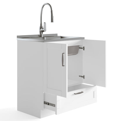 SIMPLIHOME Reed All-in-One 28 inch Wide Utility Sink and Laundry Cabinet in Pure White Finish, Transitional Stainless Steel Sink Cabinet for Laundry Rooms with High-Arch Chrome Faucet and Storage