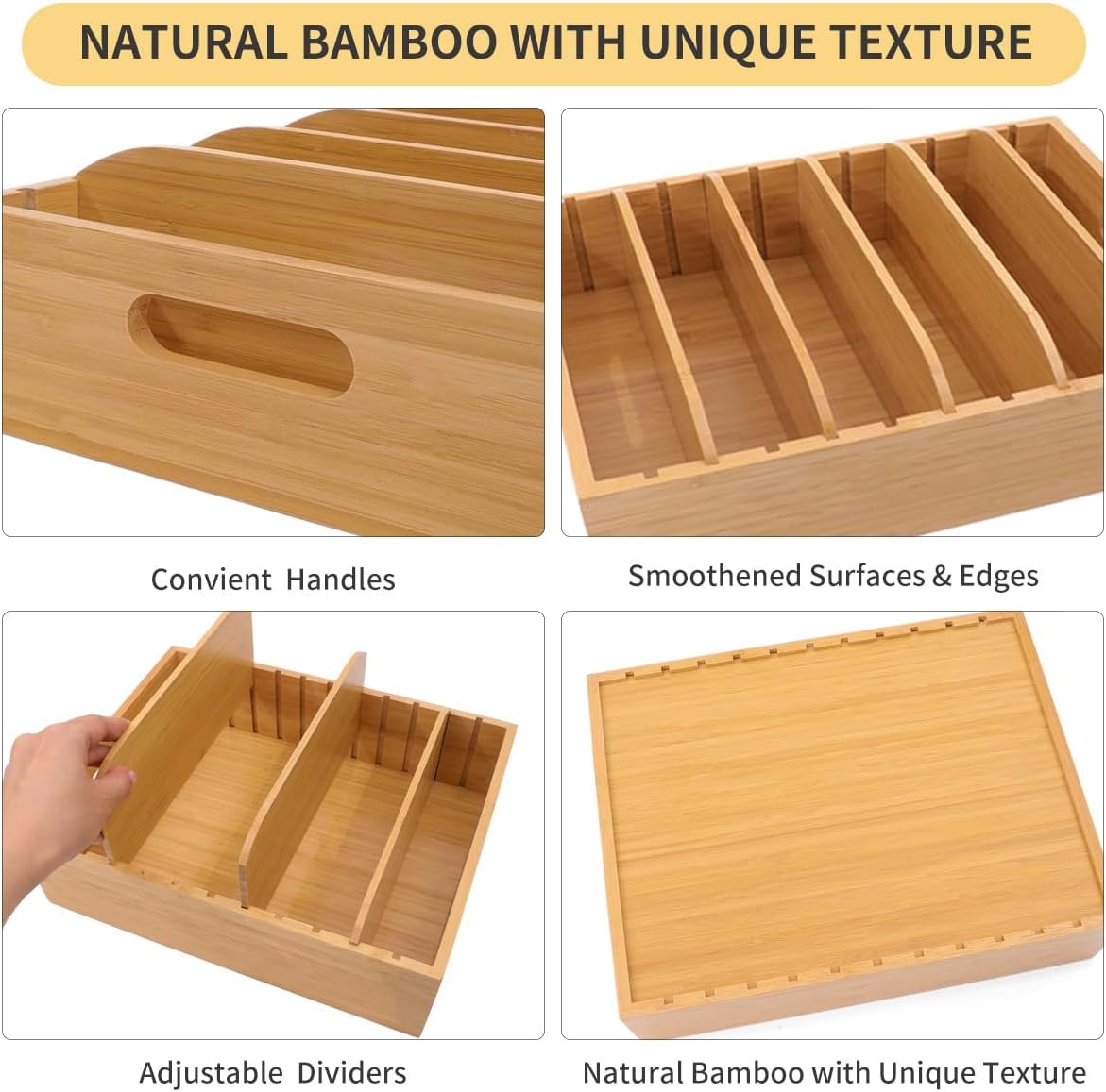 Bamboo Lid Holder | Kitchen Organizer with 5 Adjustable Dividers | 2-Piece Food Container Set