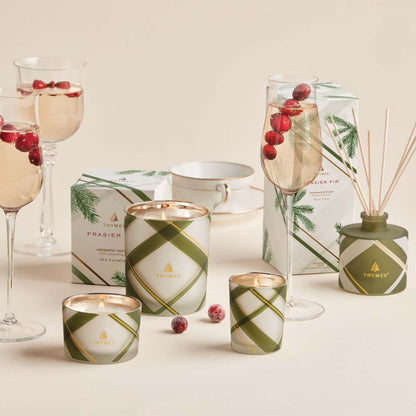 Thymes Frasier Fir Candle – Frosted Plaid Collection – Green & White Glass Jar Design – Scented Candles for Home Decor – Notes of Crisp Siberian Fir, Cedarwood & Sandalwood (Votive, 2 oz)