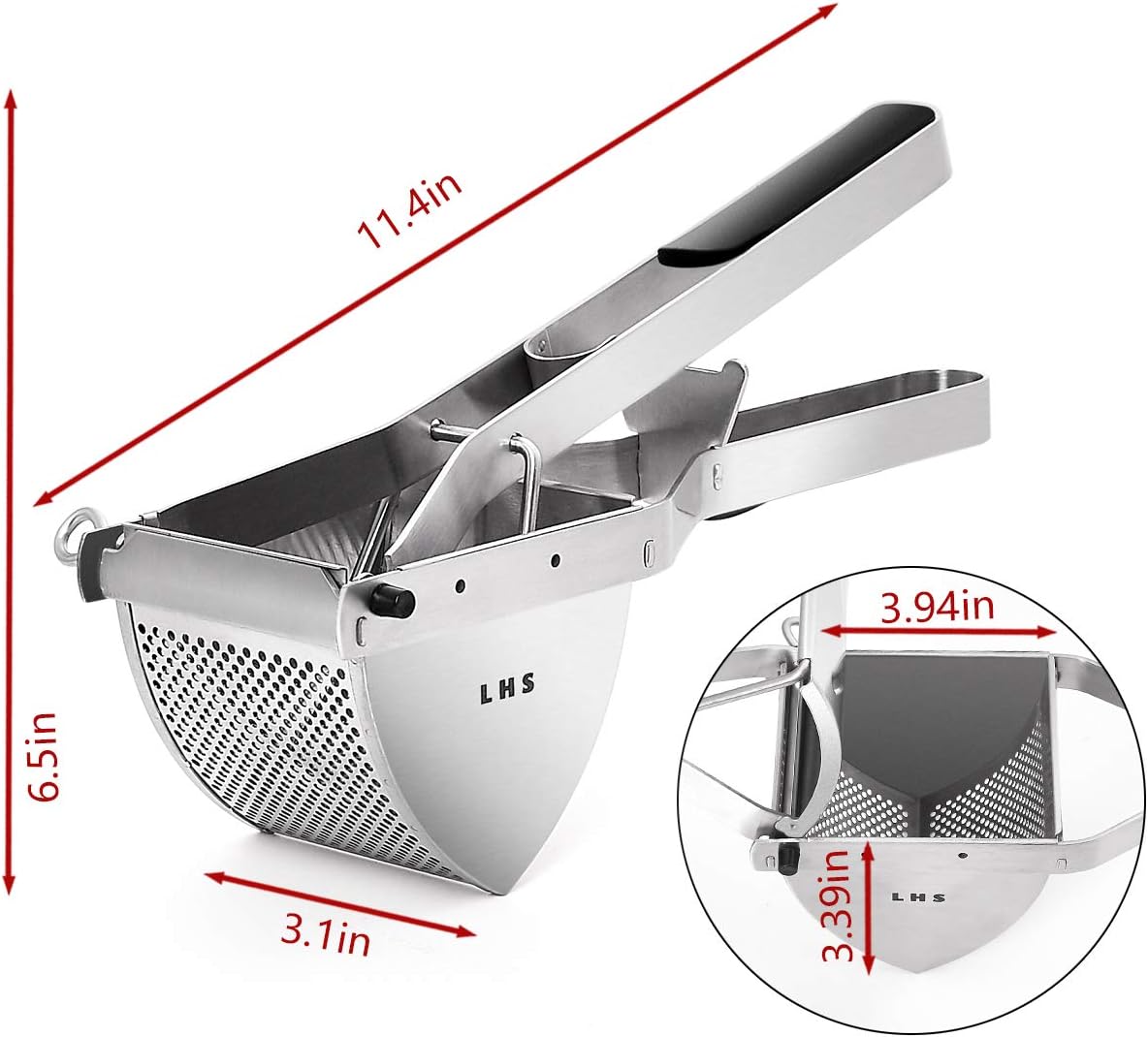 LHS Stainless Steel Potato Ricer - Heavy Duty Masher with Ergonomic Grip | Extra Large Capacity, Dishwasher Safe (Black)