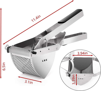 LHS Stainless Steel Potato Ricer - Heavy Duty Masher with Ergonomic Grip | Extra Large Capacity, Dishwasher Safe (Black)