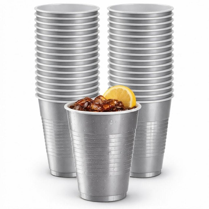 Silver Solid Color Premium Heavy Weight Plastic Cup (18 Oz.) 50 Count - Elegant & Durable, Perfect for Parties, Weddings & Everyday Use