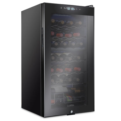 Ivation 28 Bottle Dual Zone Compressor Wine Cooler Refrigerator w/Lock | Large Freestanding Wine Cellar For Red, White, Champagne Wine | 41f-64f Digital Temperature Control Fridge Glass Door Black