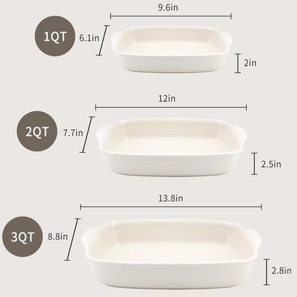 Skiennix 3-Pack Ceramic Baking Dishes Set - Heavy-Duty Oven-Safe Stoneware | Deep Rectangular Casserole Pans (13.8''/12''/9.6'' Pure Off-White)