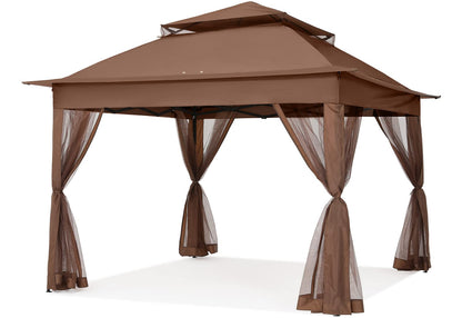 COOSHADE 11x11 Pop Up Gazebo Tent Outdoor Canopy Patio Shelter with Mosquito Netting(Brown)