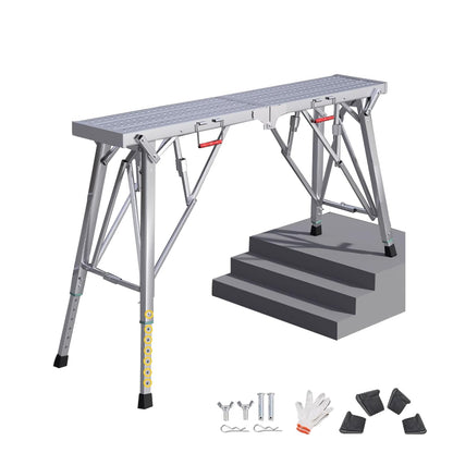 HIYOUGO Scaffolding Platform Adjustable Height, Folding Work Platform, Aluminum Portable Scaffolding Ladder, Non-Slip Portable Work Bench 660lbs Capacity for Drywall, Cleaning RV, 140 × 25cm