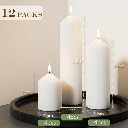 12 Packs White Pillar Candles for Centerpiece, 2x3 2x6 2x8 Inch, Classic Unscented Wedding Candles for Hurricane, Dripless and Smokeless Candles for Party, Home Decor, Mantels
