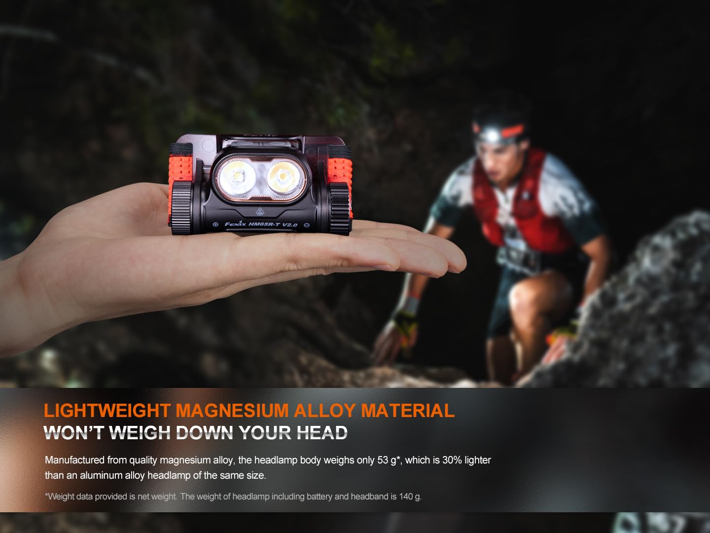 Fenix HM65R-T V2.0 Running Headlamp, 1600 Lumen White Light and Warm White Dual Beams, USB-C Rechargeable, Lightweight Long Runtime for Trail Running, with Organizer (Black)
