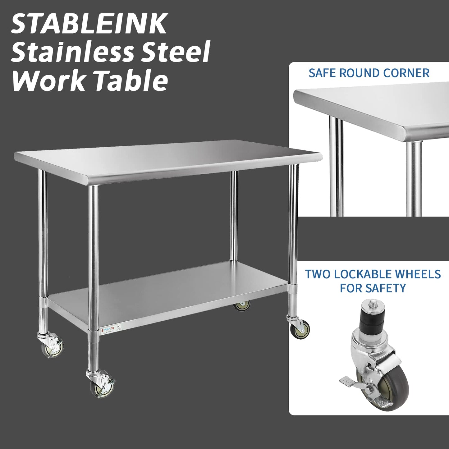 STABLEINK NSF Stainless Steel Table with Wheels 60x24 Inches 5ft, Metal Prep & Work Table with Adjustable Undershelf, for Commercial Kitchen, Restaurant, Hotel, Laundry and Garage