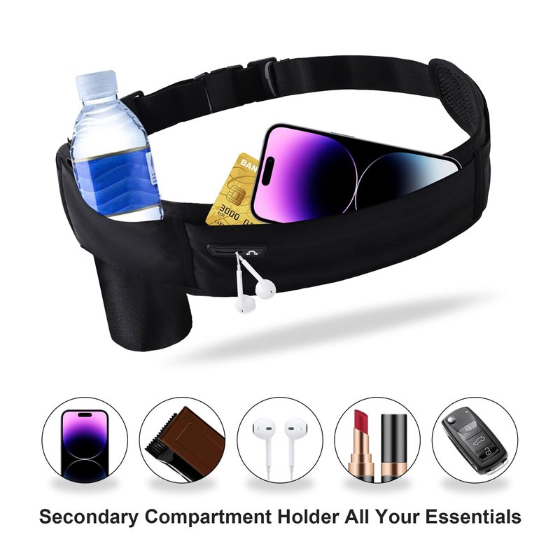 Running Hydration Belt with Water Bottle Holder, Phone Storage, Black