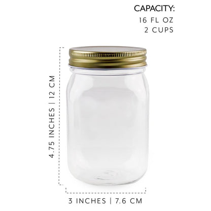 Cornucopia Brands 16oz Clear Plastic Mason Jars (8-Pack, Gold Metal Lids); PET BPA-Free Mason Style w/One Piece Lids, 2-Cup/Pint Capacity