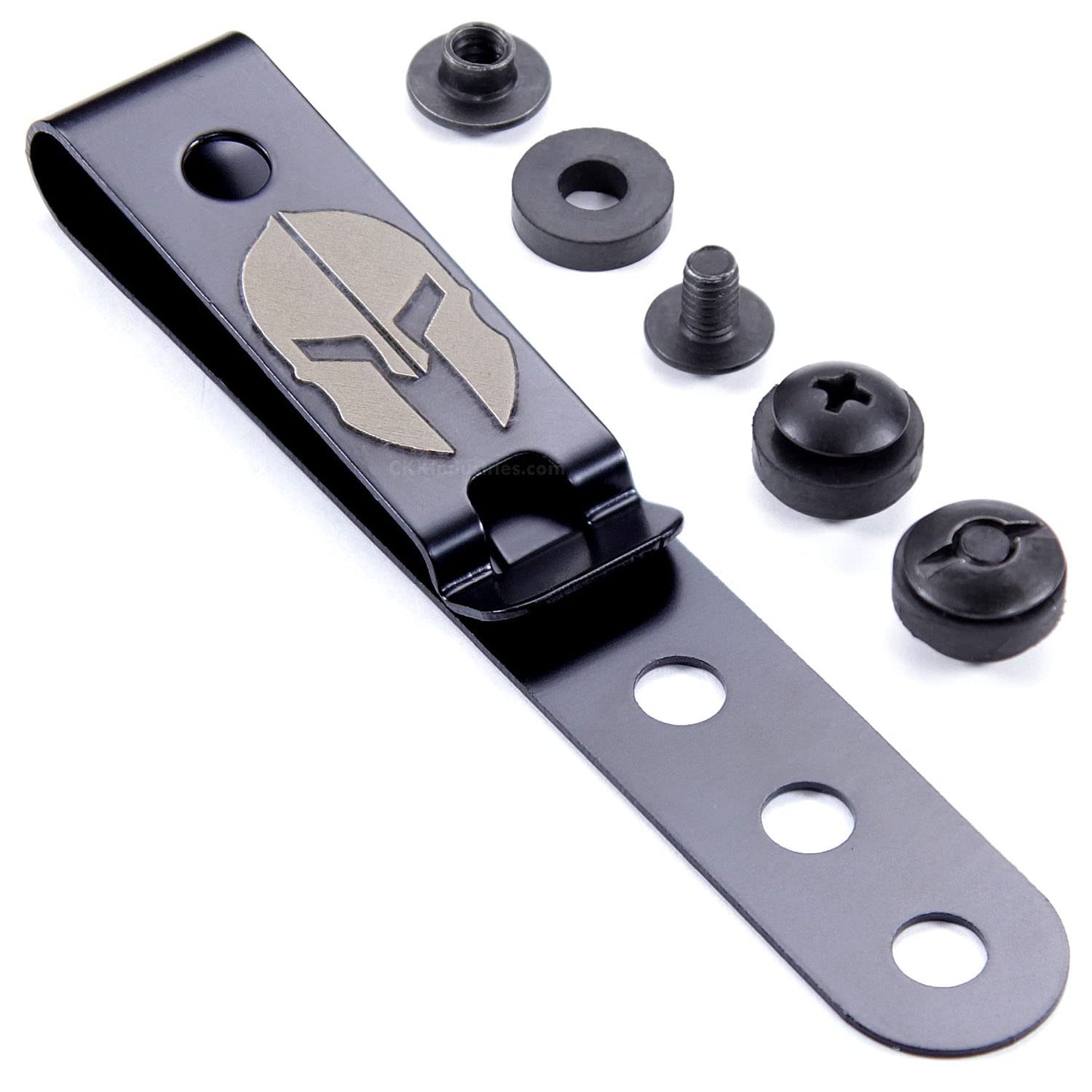 HolsterSmith Universal Metal Belt Clip for Holster Making - (Model 5) - (3-Hole) - (Tactical Black) - (w/Spartan Helmet Engraving) - (w/Mounting Hardware) - (1 Pack)