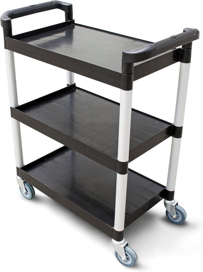 New Star Foodservice Heavy-Duty 3-Tier Plastic Utility Bus Cart with Locking Casters, 350 lb Capacity, 42.5 x 19.5 x 38.5 Inch, Black