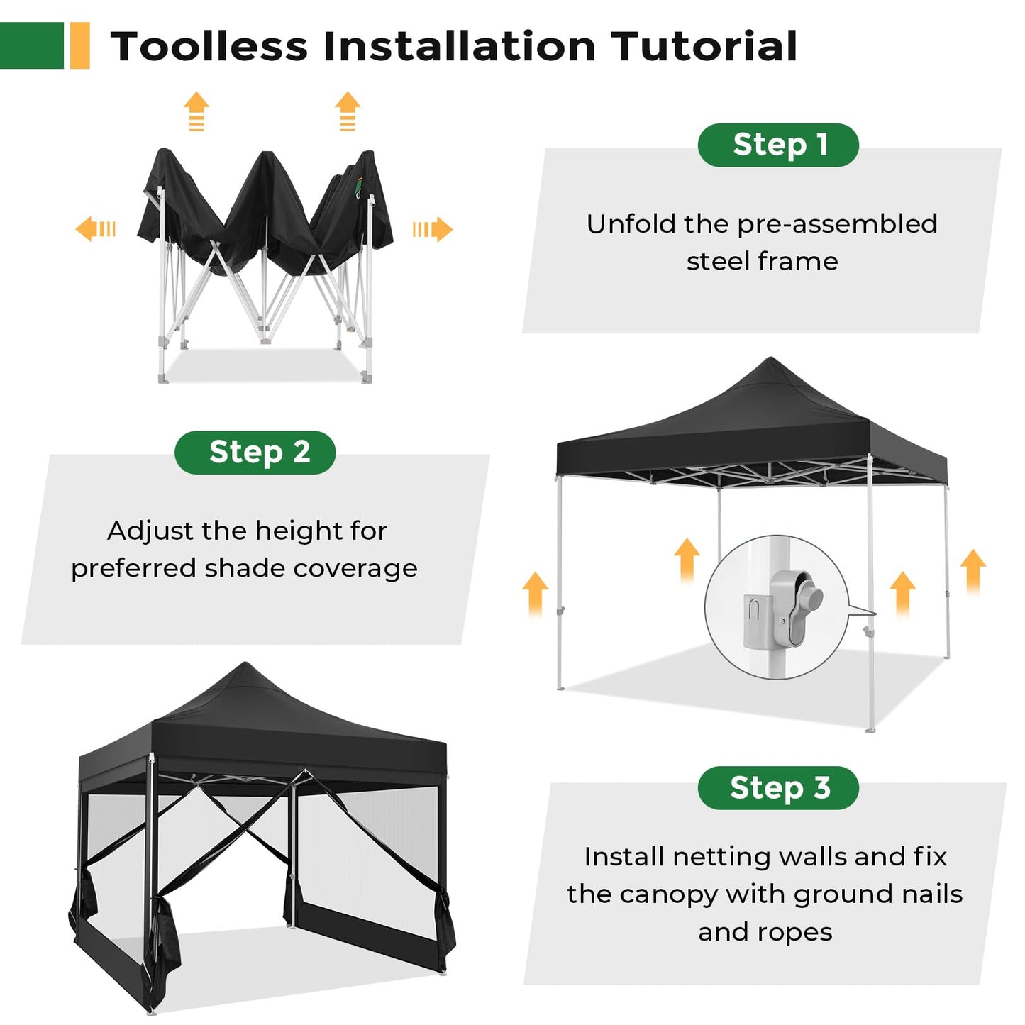 COBIZI 10x10 Heavy Duty Pop Up Canopy with 4 Mosquito Netting Wall, Easy Set Up Commercial Gazebo Party Tent, Outdoor Instant Screen Canopy for Backyard, Patio, Garden, Black